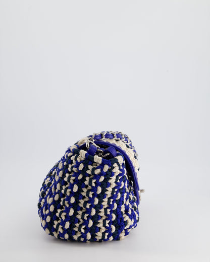 Chanel Navy, Blue and Cream Crochet Flap Bag with Silver Hardware
