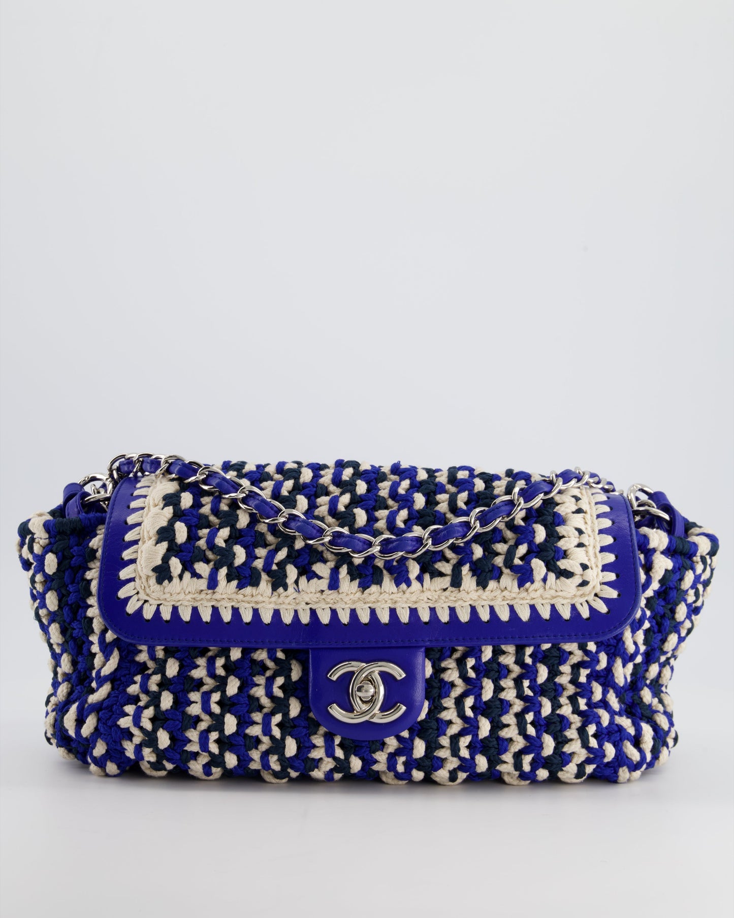 Chanel Navy, Blue and Cream Crochet Flap Bag with Silver Hardware