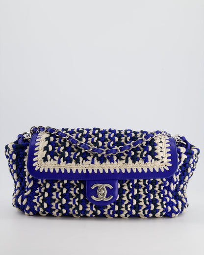 Chanel Navy, Blue and Cream Crochet Flap Bag with Silver Hardware