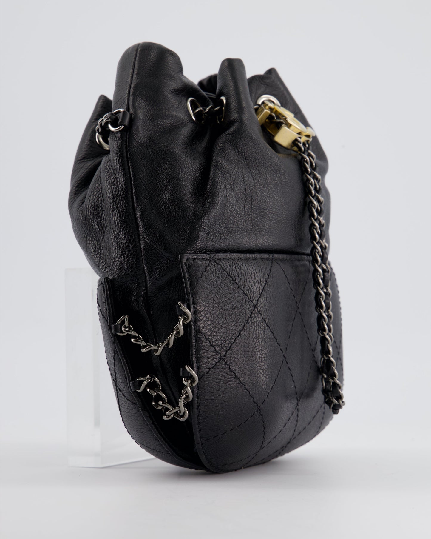 Chanel Black Mini Bucket Bag in Aged Calfskin Leather with Mixed Hardware