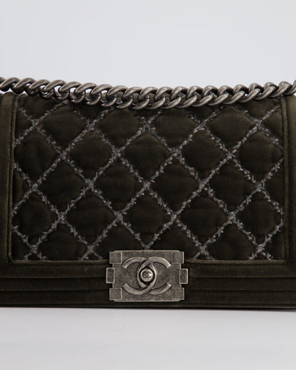 Chanel Medium Charcoal Grey Velvet Boy Bag with Contrast Stitching and Ruthenium Hardware Bag