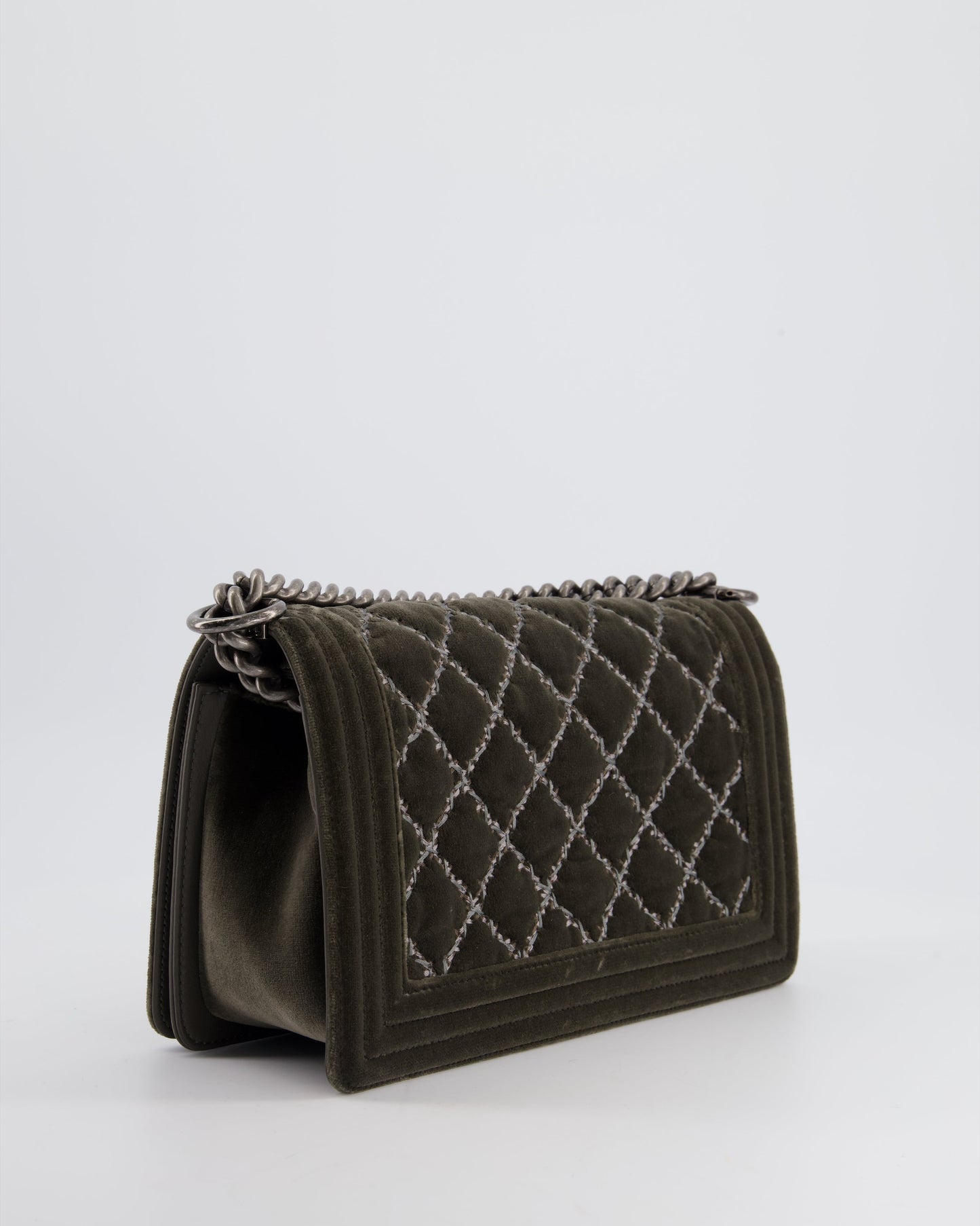 Chanel Medium Charcoal Grey Velvet Boy Bag with Contrast Stitching and Ruthenium Hardware Bag