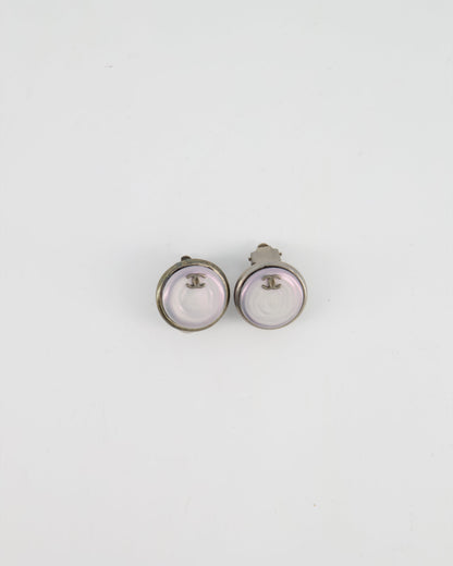 Chanel 99P Brushed Silver Round Iridescent Pearl CC Small Logo Clip-On Earrings