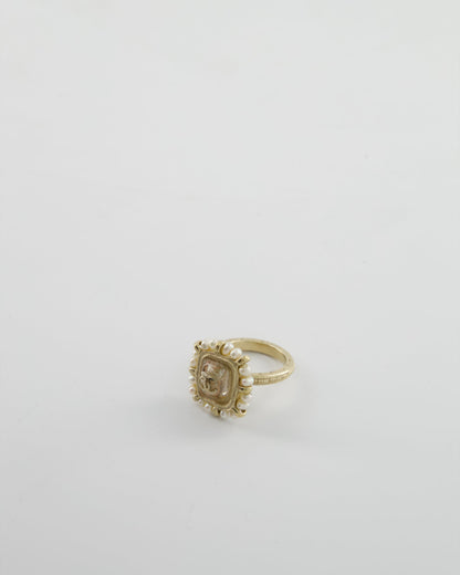 Chanel Antique Champagne Gold Square Ring with Pearl and CC Logo Detail