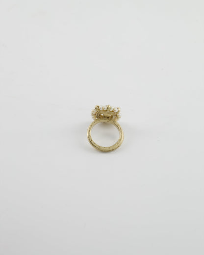 Chanel Antique Champagne Gold Square Ring with Pearl and CC Logo Detail