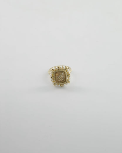 Chanel Antique Champagne Gold Square Ring with Pearl and CC Logo Detail