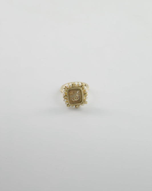 Chanel Antique Champagne Gold Square Ring with Pearl and CC Logo Detail