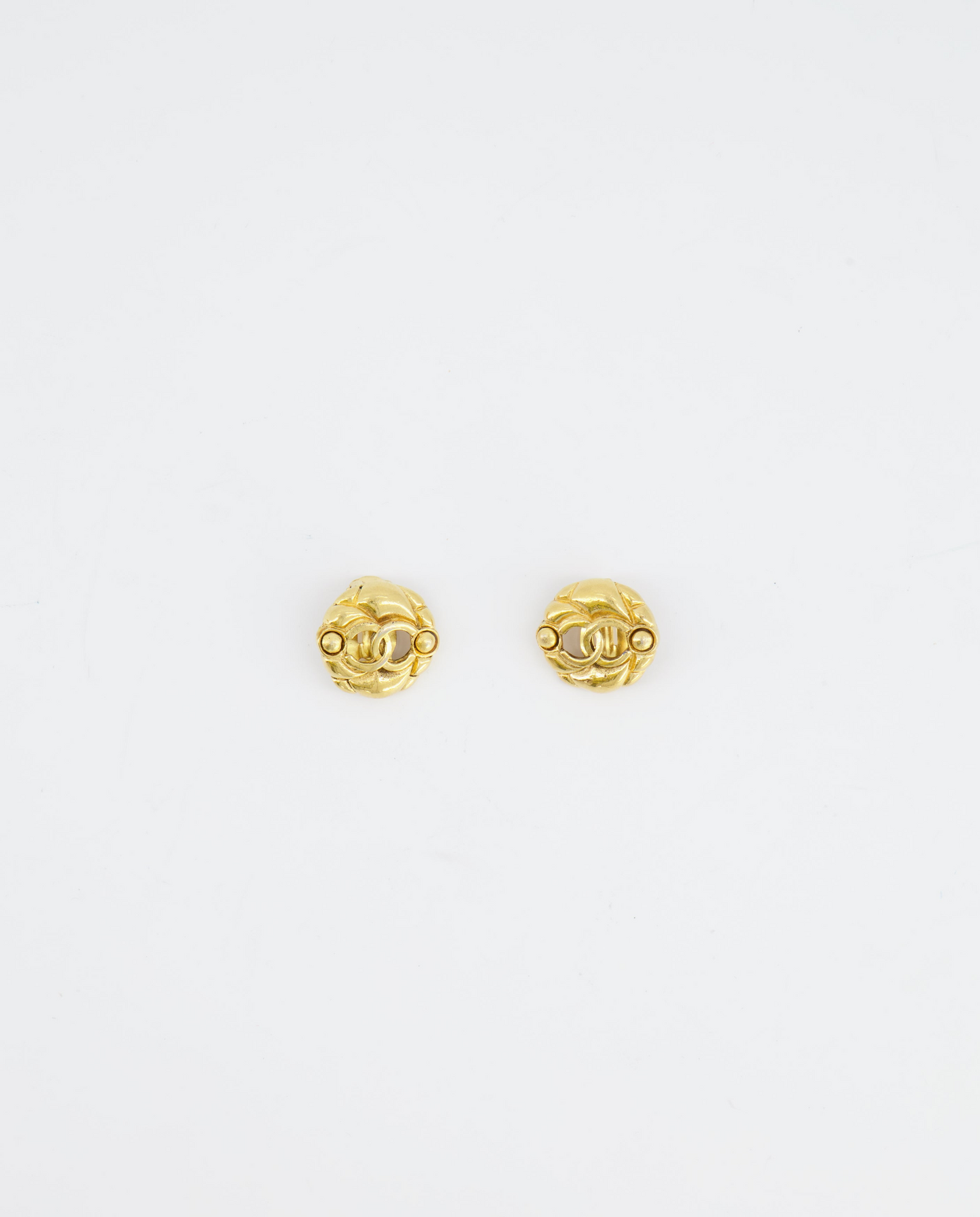 Chanel Vintage Yellow Gold Cut-Out Small Round Clip-On Earrings with CC Logo