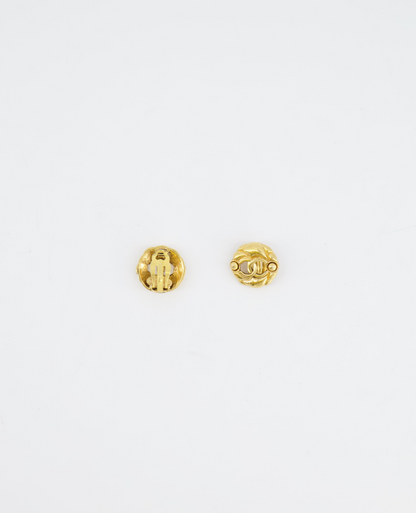 Chanel Vintage Yellow Gold Cut-Out Small Round Clip-On Earrings with CC Logo