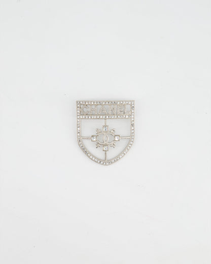 *HOT* Chanel Silver Crystal Large Brooch with CC and Logo Details