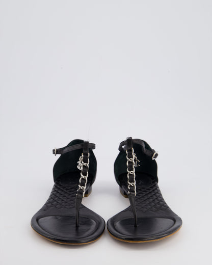 Chanel Black Leather Sandal with Chain CC Detail Size EU 40.5
