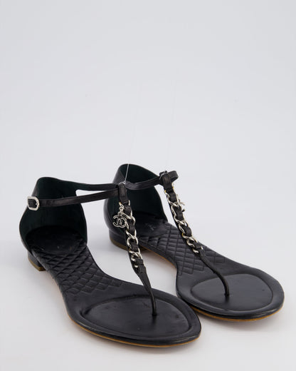 Chanel Black Leather Sandal with Chain CC Detail Size EU 40.5