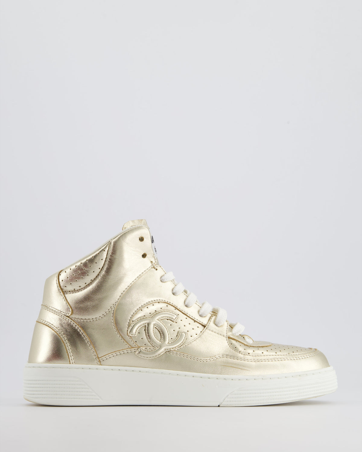 Chanel 24C Metallic Gold High Sneakers in Calfskin Leather with Logo Detail Size EU 39