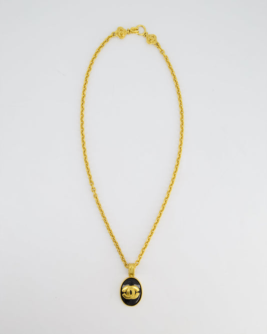 Chanel 96A Vintage Gold and Black Pendant Necklace With CC Detail