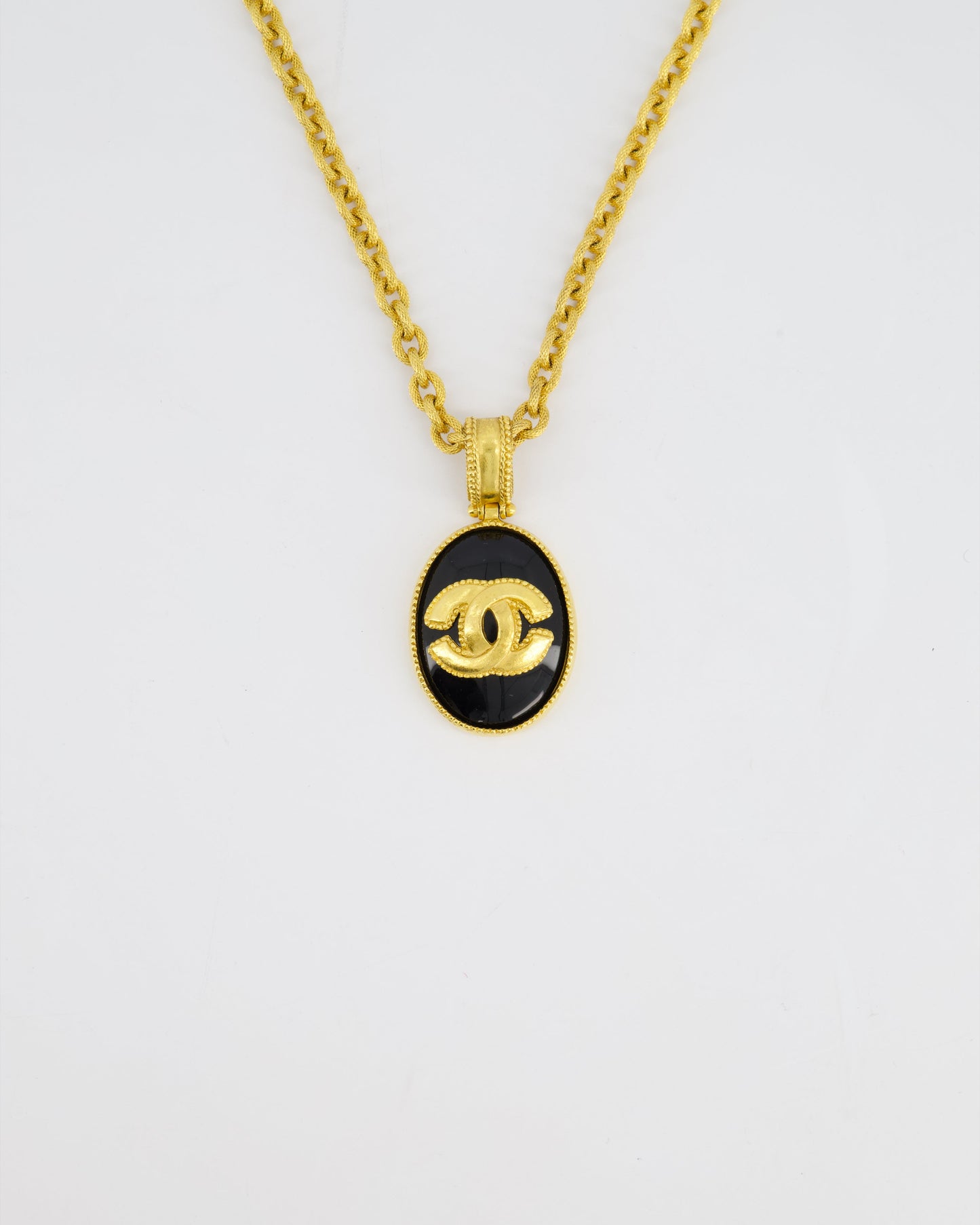 Chanel 96A Vintage Gold and Black Pendant Necklace With CC Detail