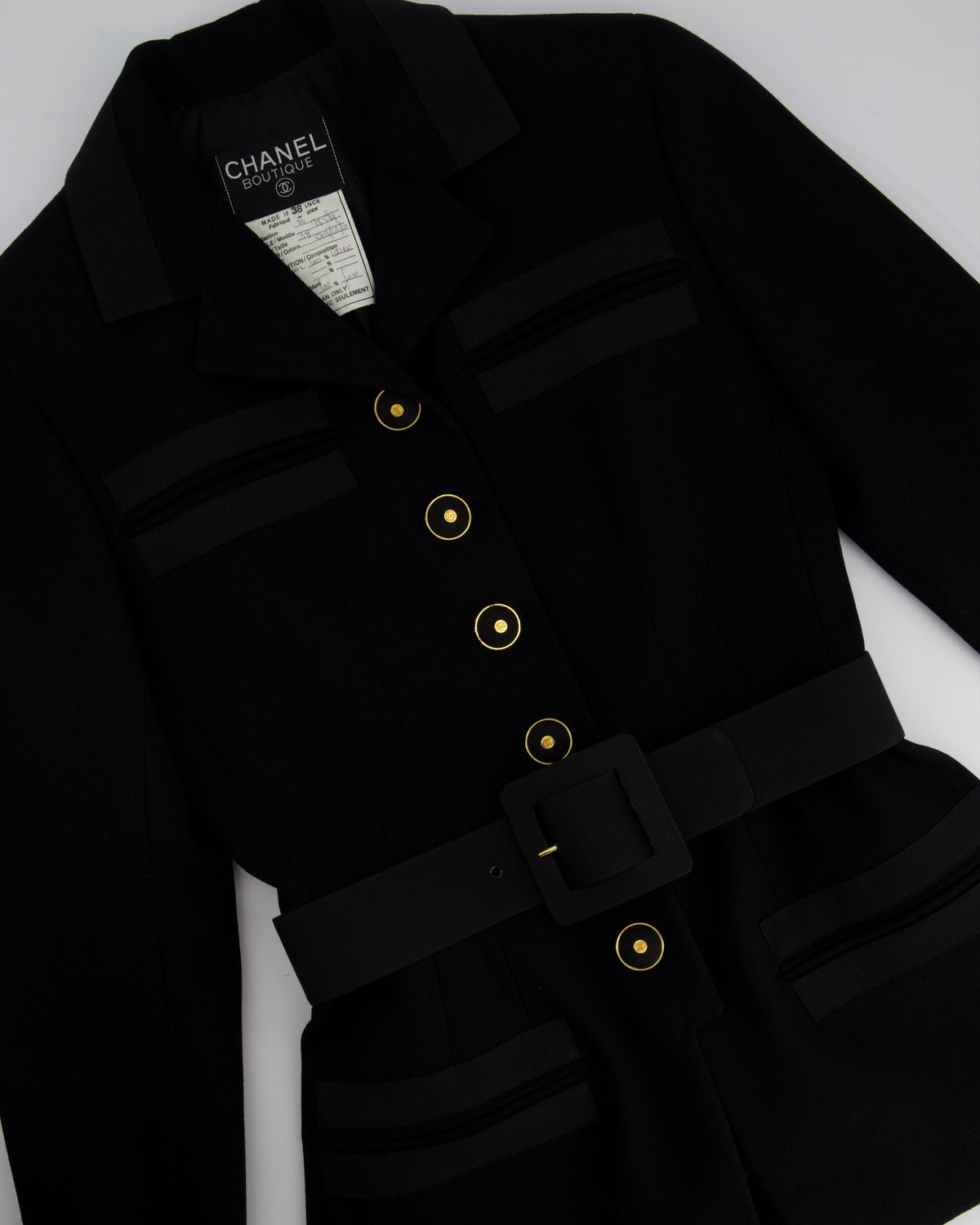 Chanel Black Wool Blazer Jacket and Pleated Mini Skirt Set With Belt and CC Logo Detail Buttons Size FR 38 (UK 10)