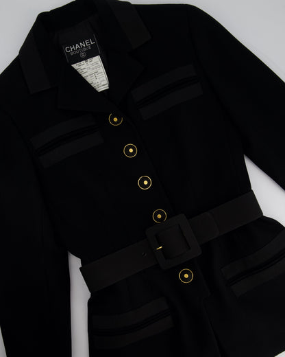 Chanel Black Wool Blazer Jacket and Pleated Mini Skirt Set With Belt and CC Logo Detail Buttons Size FR 38 (UK 10)