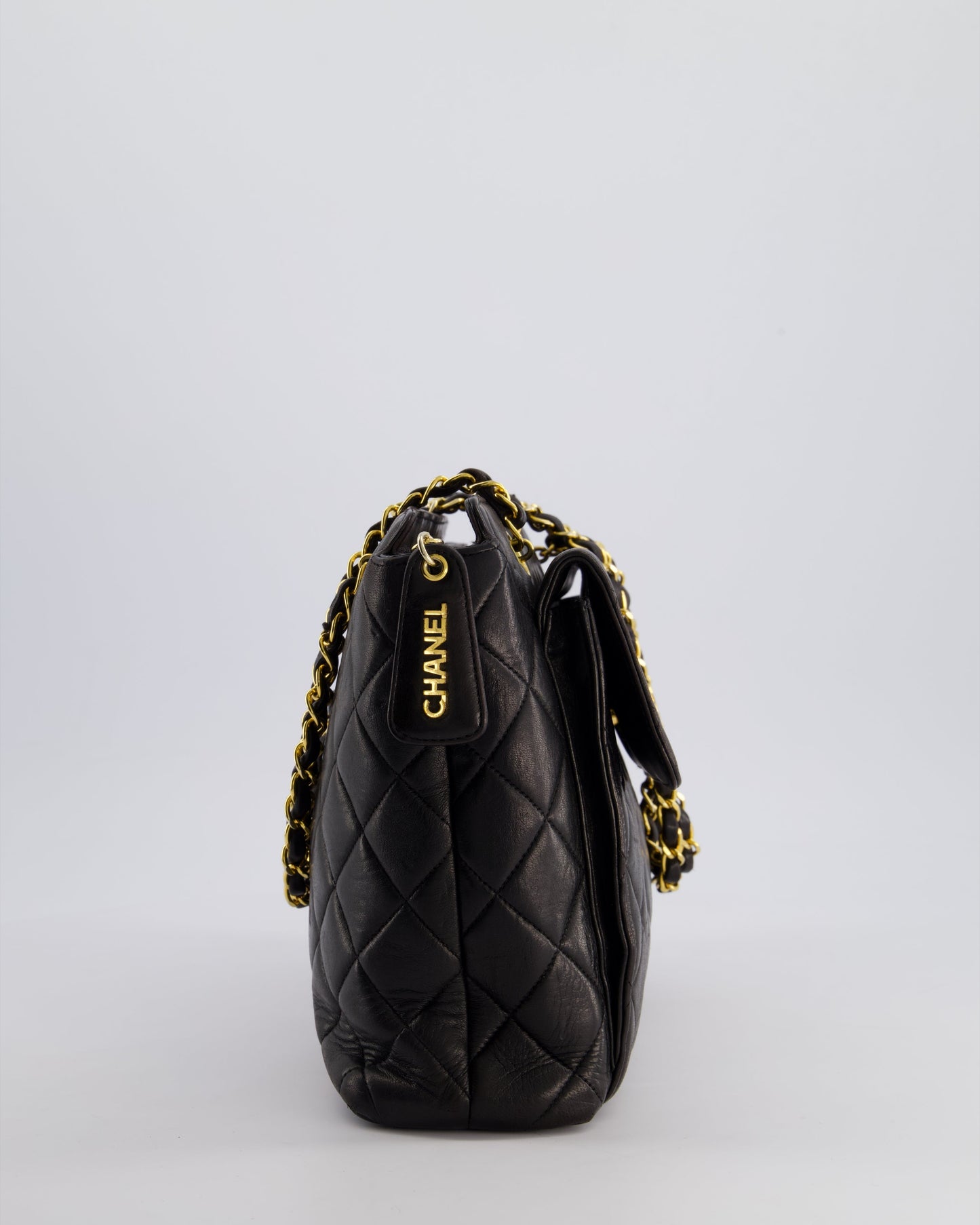 Chanel Vintage Black Quilted CC Front Flap Logo Bag with Chain and Zip in Lambskin Leather with 24K Gold Hardware
