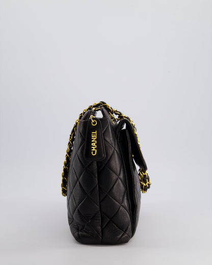 Chanel Vintage Black Quilted CC Front Flap Logo Bag with Chain and Zip in Lambskin Leather with 24K Gold Hardware