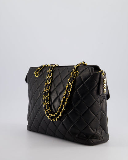 Chanel Vintage Black Quilted CC Front Flap Logo Bag with Chain and Zip in Lambskin Leather with 24K Gold Hardware
