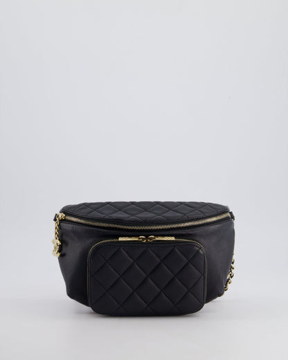 Chanel Black Quilted Business Affinity Bum Bag in Caviar Leather with Champagne Gold Hardware and Logo Zip