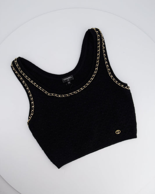 Chanel 23B Black Cashmere Knit Tank Top with Gold Chain and Logo Detail Size FR 34 (UK 6) RRP ¬£2150