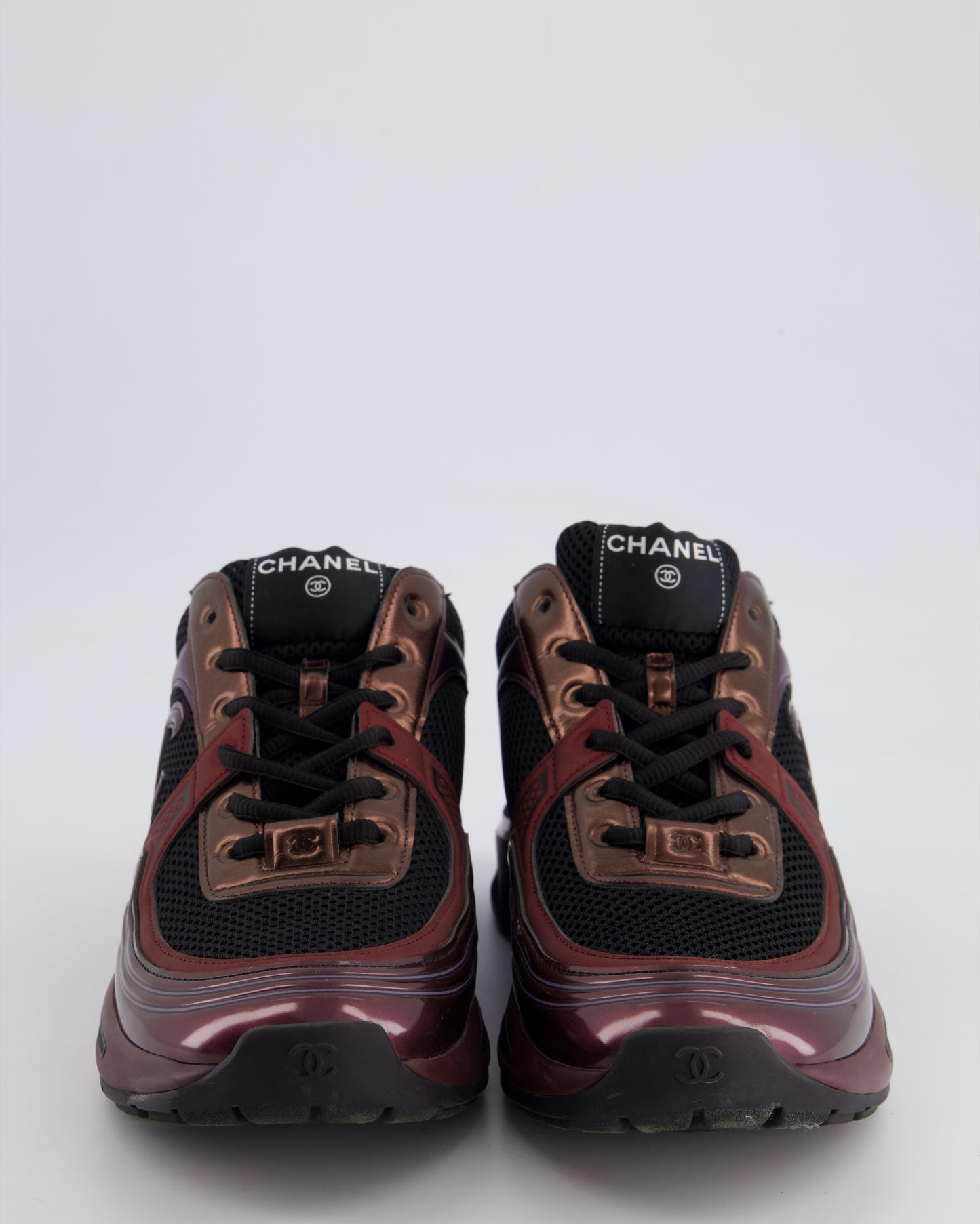 Chanel Patent Burgundy & Black Leather Sneakers With CC Logo Detail Size EU 41.5