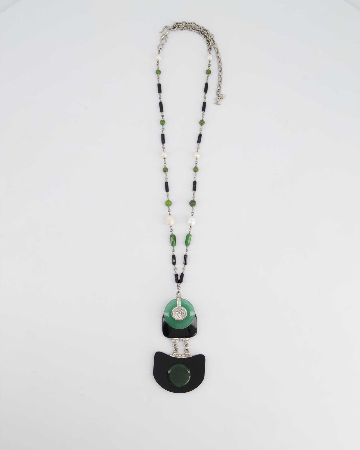 Chanel AW/09 Art Deco Jade, Crystal and Pearl Resin Pendant Necklace