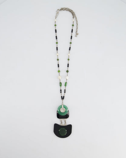 Chanel AW/09 Art Deco Jade, Crystal and Pearl Resin Pendant Necklace