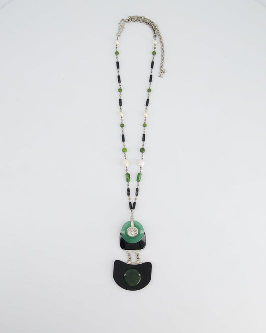Chanel AW/09 Art Deco Jade, Crystal and Pearl Resin Pendant Necklace