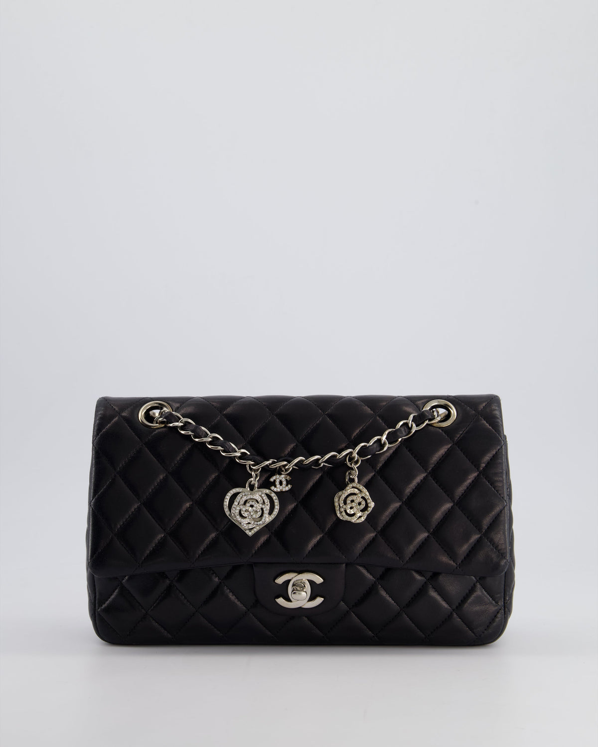 Chanel Black Medium Single Flap Bag with Camelia Crystal Charm Detail Lambskin Leather Silver Hardware