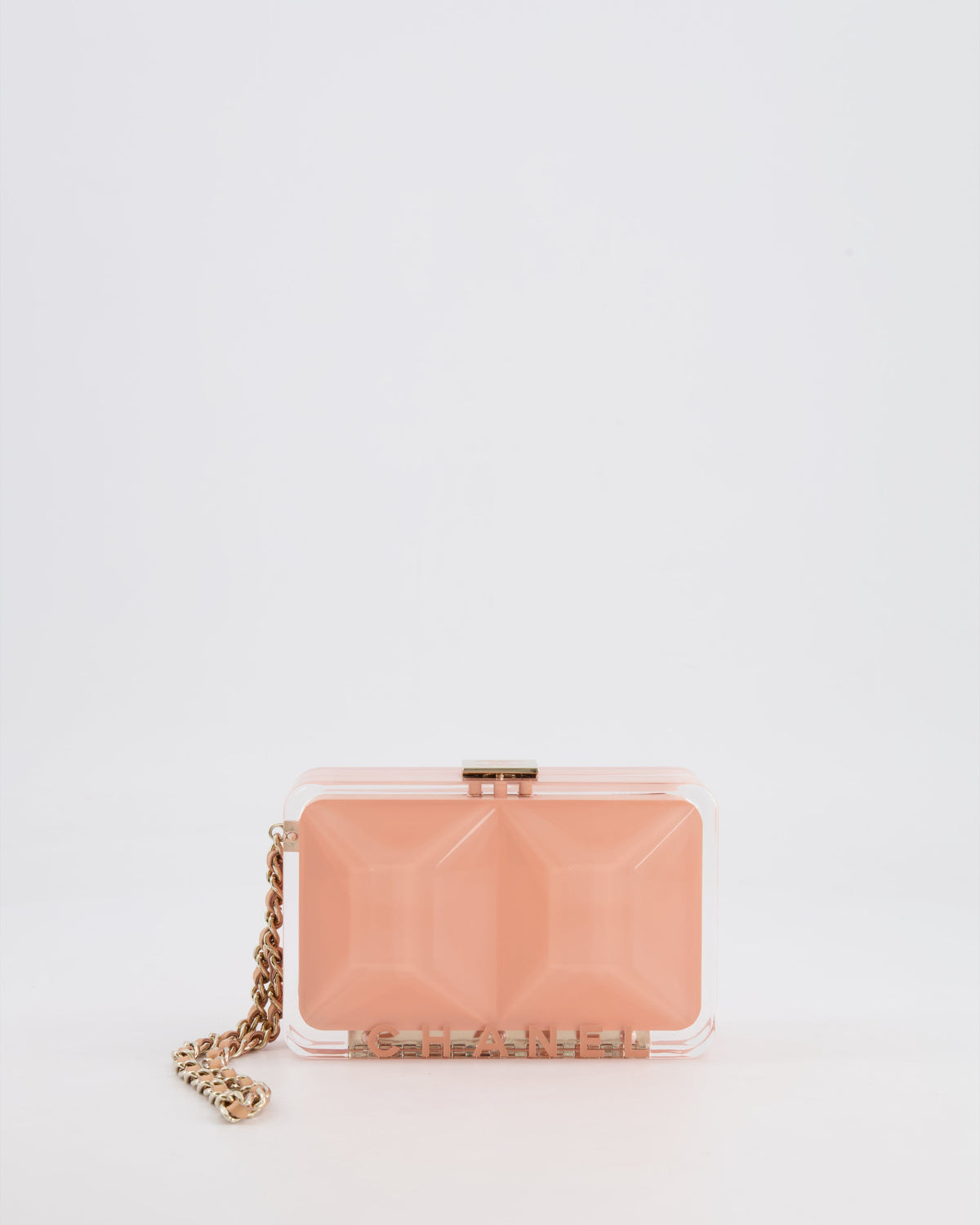 *COLLECTOR'S PIECE* Chanel Minaudi√®re Pink Plexiglass Clutch Bag With Champagne Hardware and Logo Detail