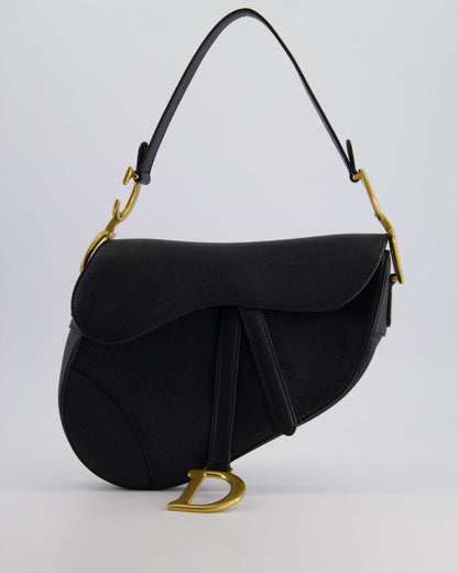 *FIRE PRICE* Christian Dior Medium Black Saddle Bag in Grained Calfskin Leather with Antique Gold Hardware