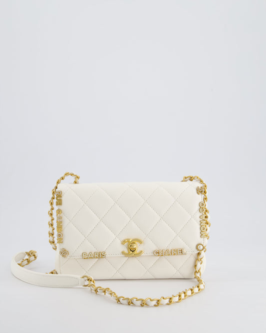 *LIMITED EDITION* Chanel White Paris Monaco Mini Single Flap Bag with Black Interior, Crystal Details and Brushed Gold Hardware