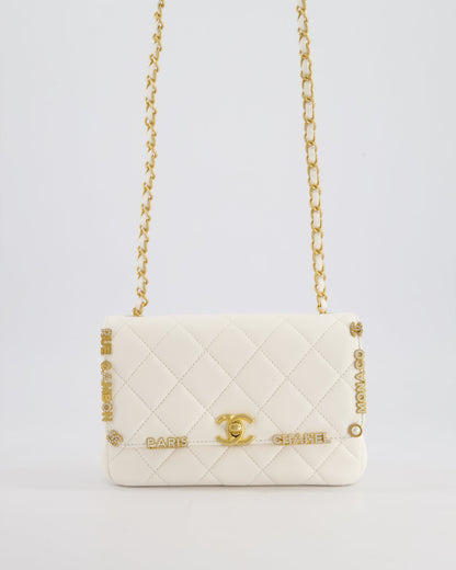 *LIMITED EDITION* Chanel White Paris Monaco Mini Single Flap Bag with Black Interior, Crystal Details and Brushed Gold Hardware