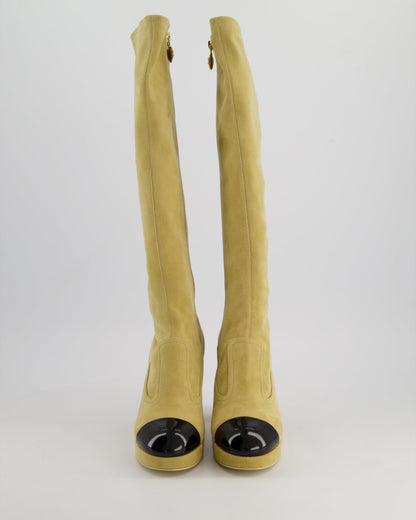 *HOT* Chanel SS/24 Beige Suede Platform Logo Knee-High Boots Size EU 36