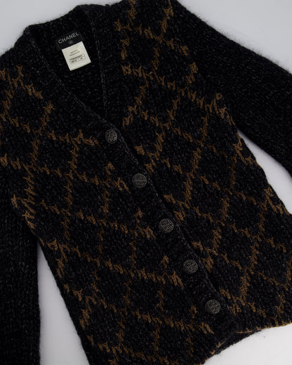 Chanel Black and Brown Quilted Mohair Cardigan with Silver Threads and Black Chain Button Details Size FR 34 (UK 6)