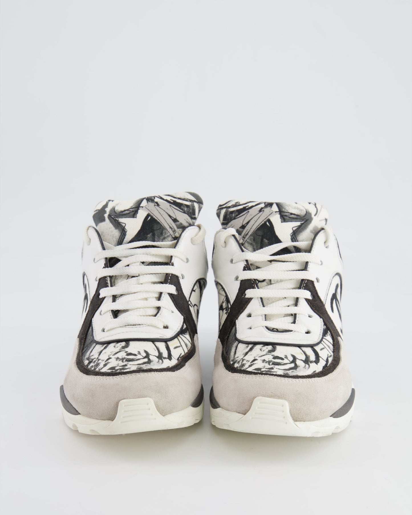 Chanel Grey, White, Black Leather and Suede Graffiti CC Trainers Size EU 38.5