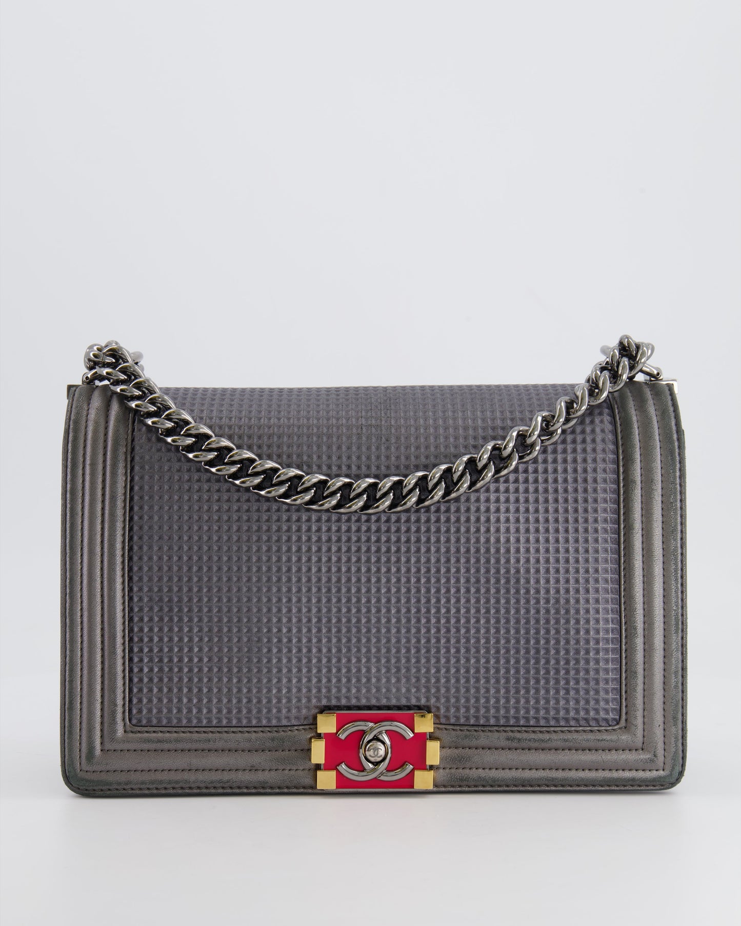 Chanel Grey Silver Medium Cube Calfskin Boy Bag with Silver, Gold and Red Hardware