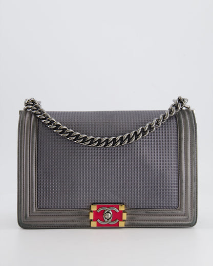 Chanel Grey Silver Medium Cube Calfskin Boy Bag with Silver, Gold and Red Hardware