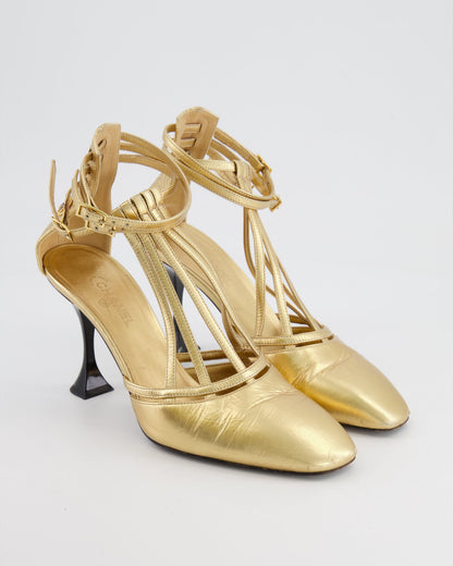 Chanel Gold Distressed Leather Caged Pumps with Black Heel Detail Size 38C