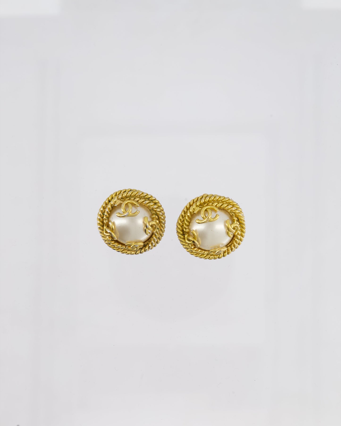 Chanel Vintage 95A Gold and Pearl Round CC Logo Textured Earrings