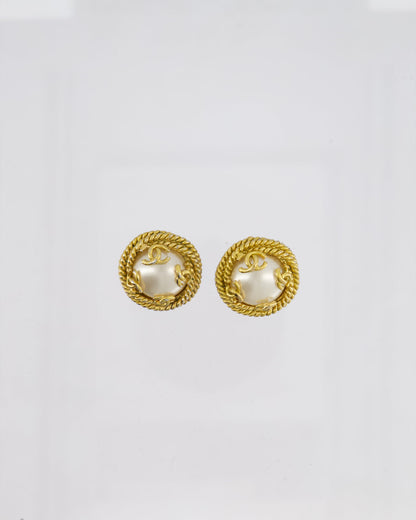 Chanel Vintage 95A Gold and Pearl Round CC Logo Textured Earrings