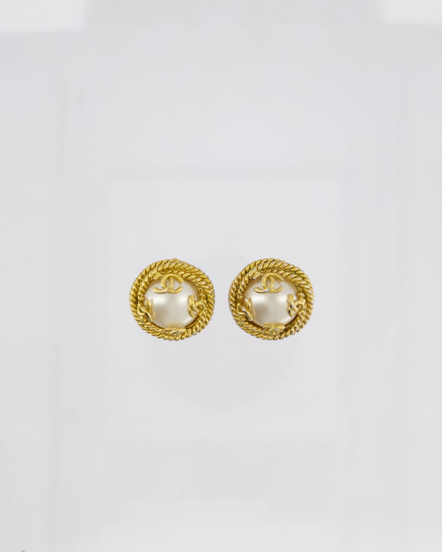 Chanel Vintage 95A Gold and Pearl Round CC Logo Textured Earrings