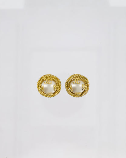 Chanel Vintage 95A Gold and Pearl Round CC Logo Textured Earrings