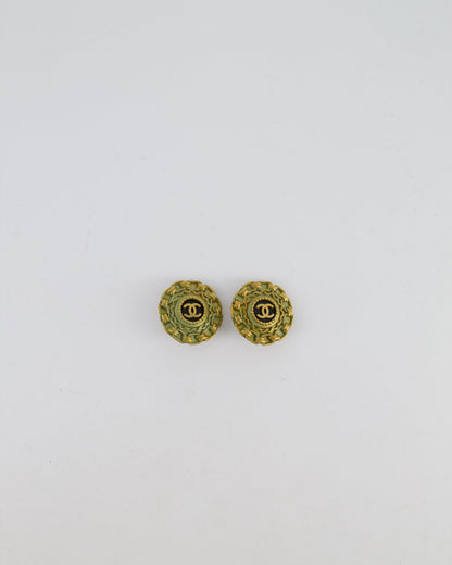 Chanel 94A Vintage CC Brushed Gold Matelasse Round Small Clip-On Earrings with Black Detailing