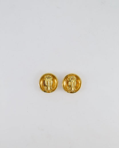 Chanel Vintage Gold Round Clip-On Earrings with Embossed Chanel Details
