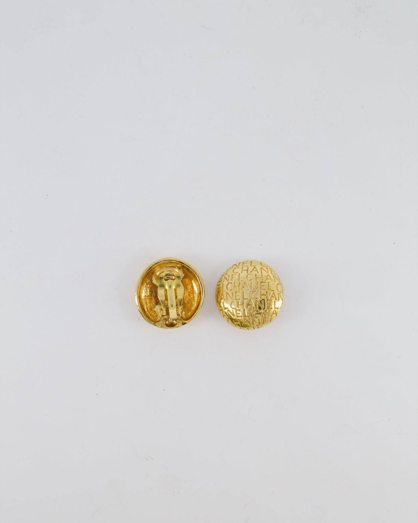 Chanel Vintage Gold Round Clip-On Earrings with Embossed Chanel Details