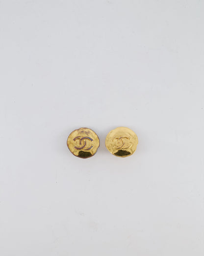 Chanel 93P Vintage Shiny Gold Round Clip-On Earrings with Gold CC Logo