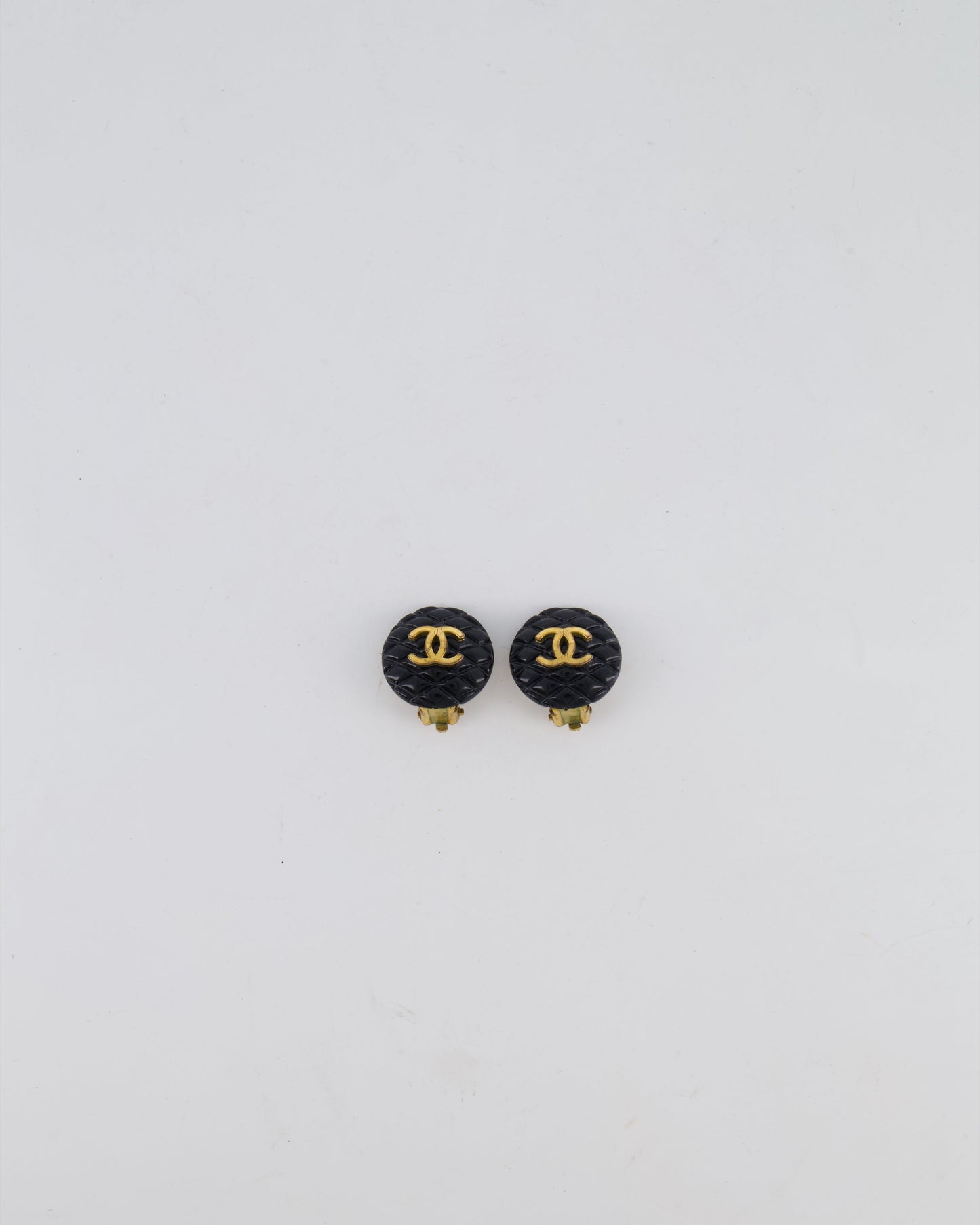 Chanel 94P Vintage Black Matelasse Small Round Clip-On Earrings with Gold CC Logo